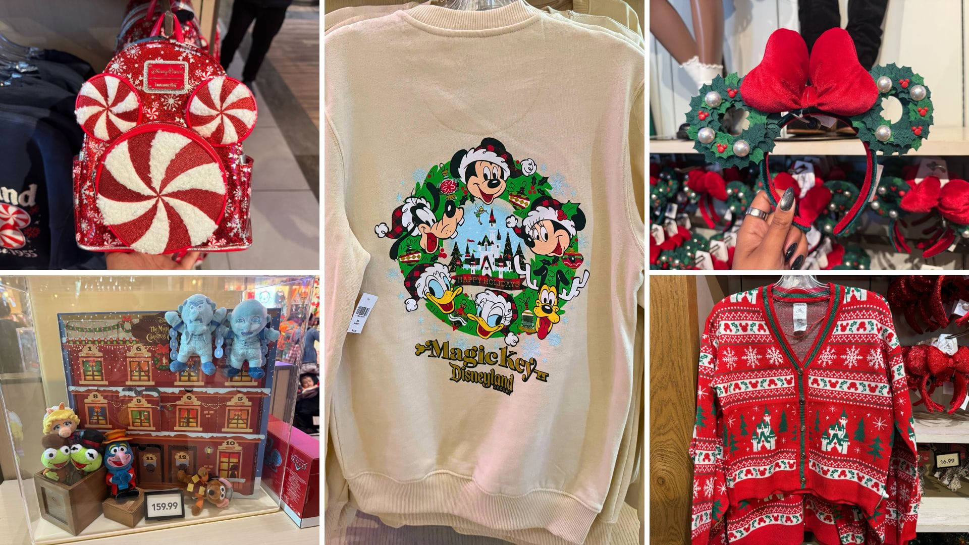 Collage of Disneyland Resort Christmas merch—peppermint bag, sweatshirt, headband, plushies, and sweater—evokes park magic.