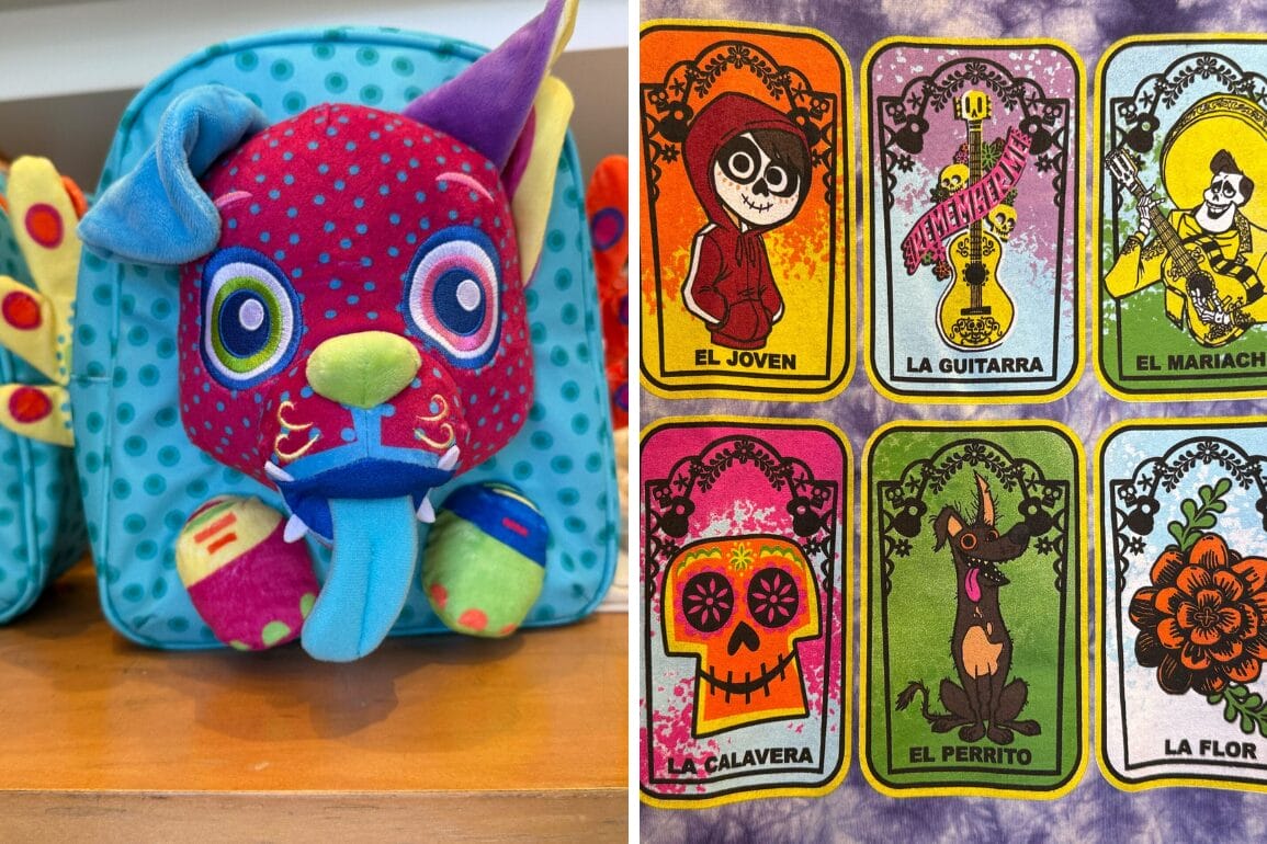 Left: Vibrant plush animal, similar to Disney park souvenirs. Right: Six Coco-inspired Lotería cards from California Adventure.