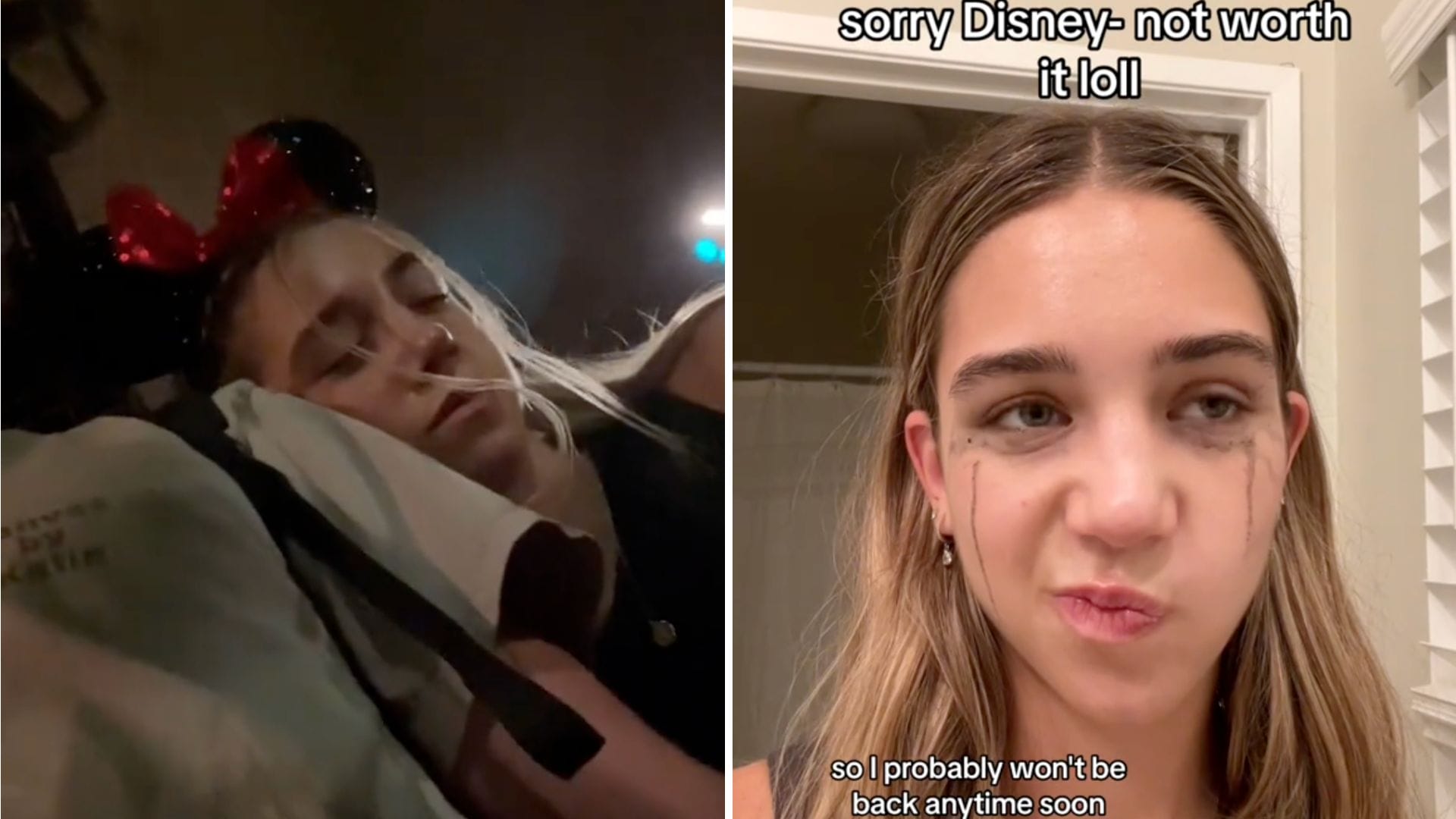 Two screenshots from a TikTok video: a woman with narcolepsy wearing sequined Minnie ears and sleeping on a tote bag, and her face crying with running mascara with the text "sorry Disney-not worth it lolll so I probably won't be back anytime soon."