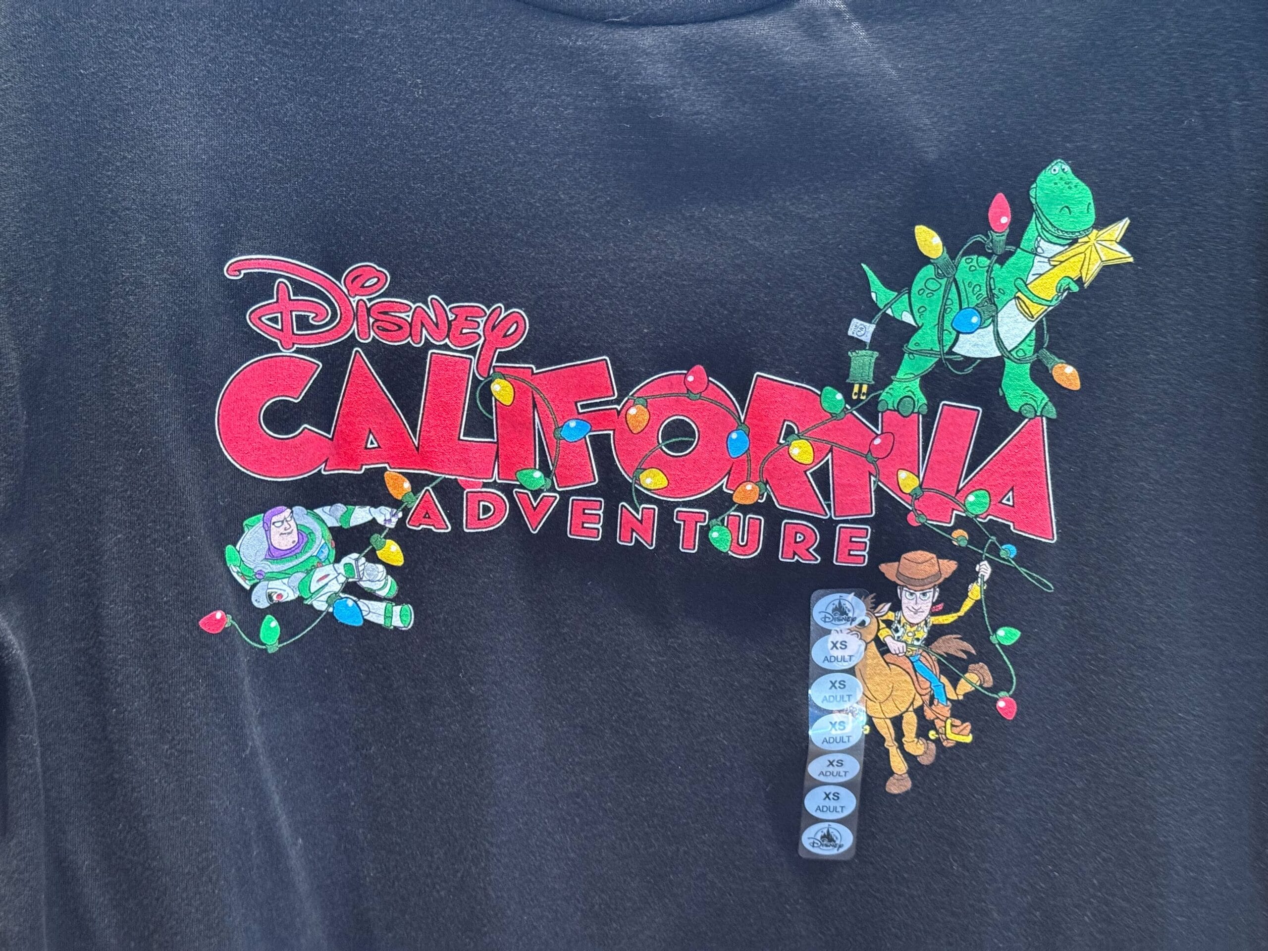 Black shirt featuring "Disney California Adventure" text and Toy Story characters wrapped in festive lights, no castle depicted.