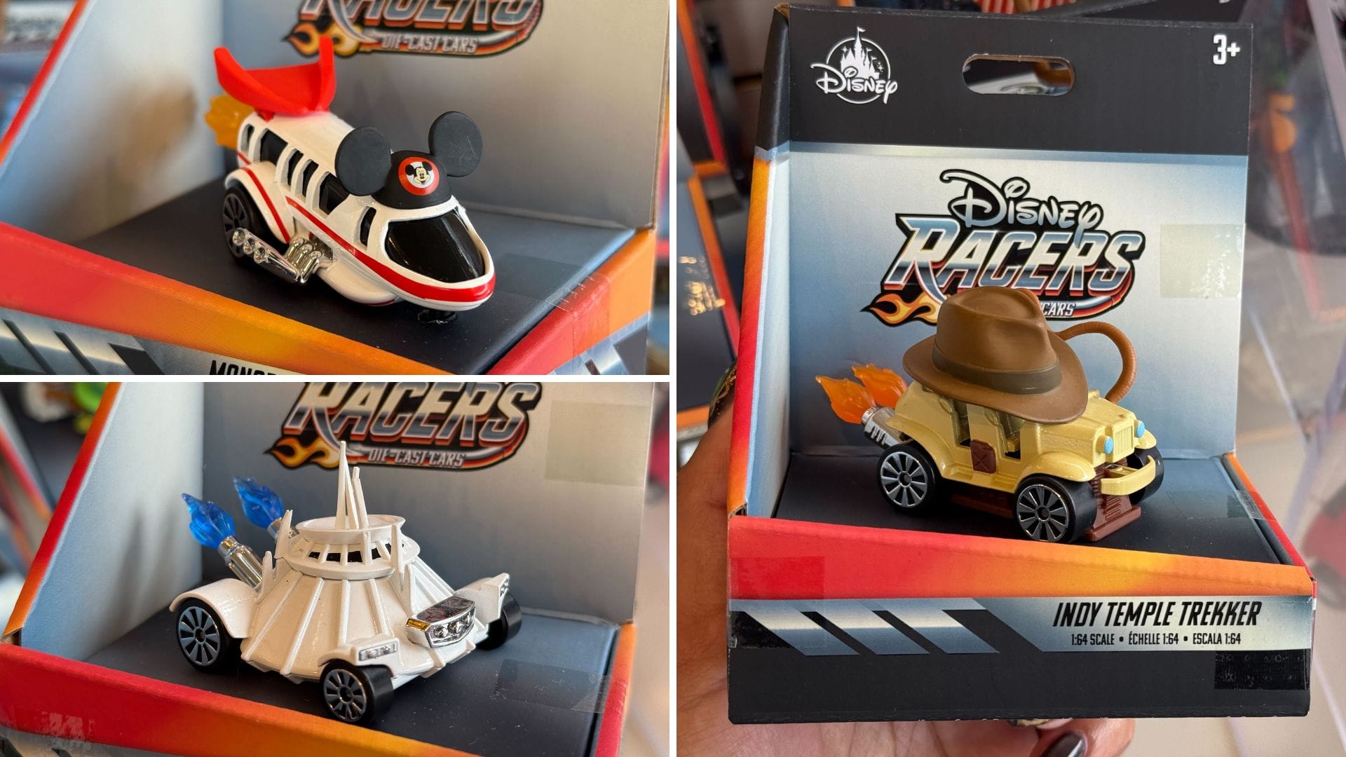 Three Disney Racers toy cars—a monorail, castle (resembling Sleeping Beauty Castle like Disneyland’s), and Indy jeep—in display packaging.