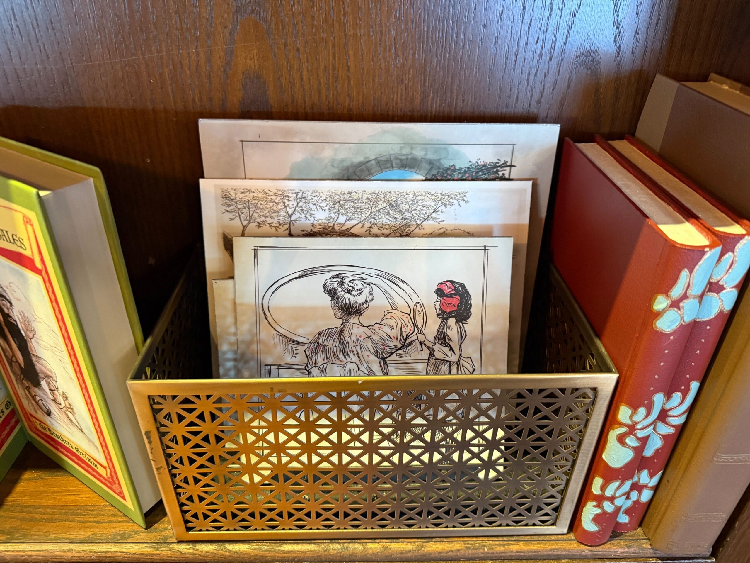 Metal basket on a shelf holds vintage Disney park prints, surrounded by decorative books; no park castle pictured for comparison.