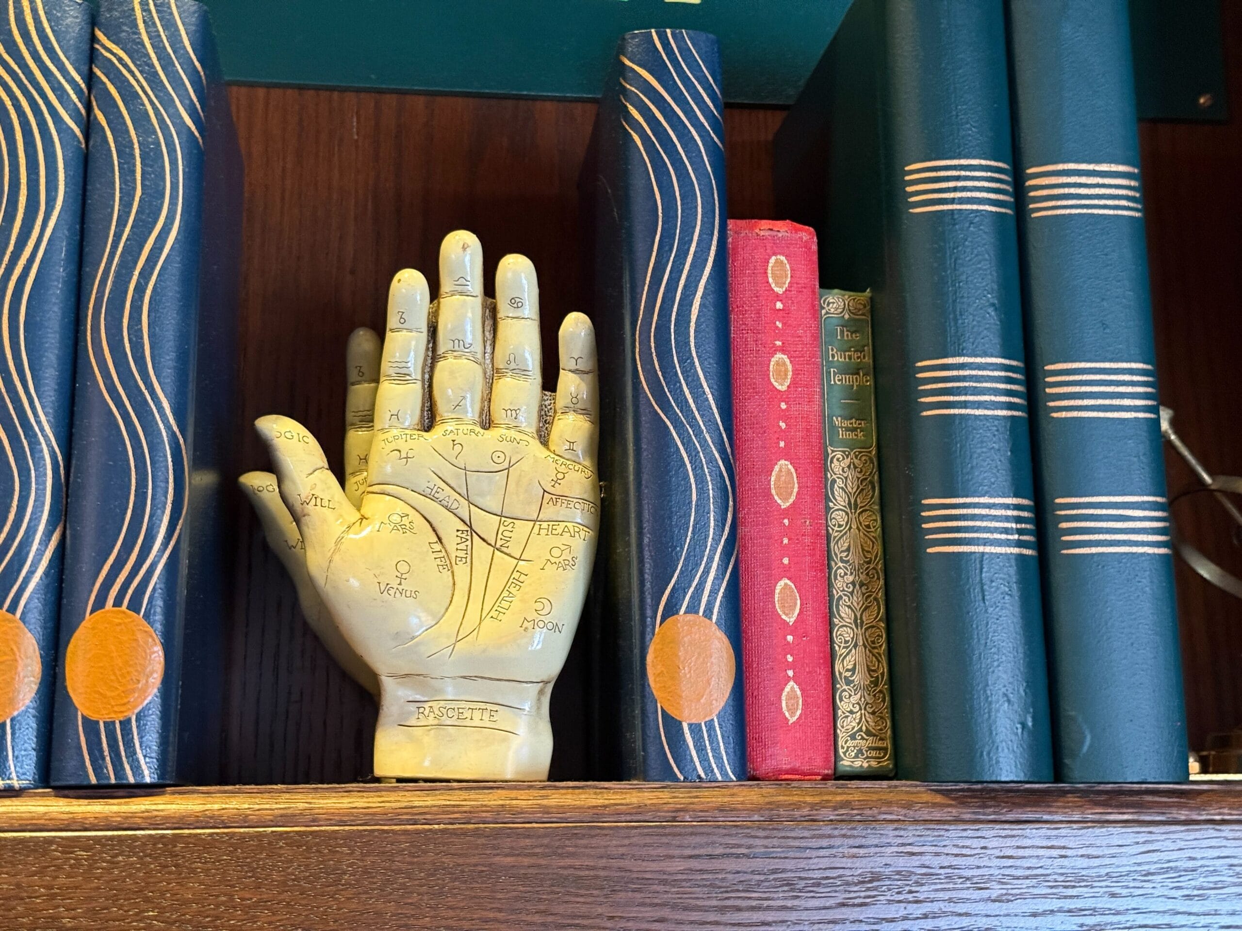 A ceramic palmistry hand sits on a shelf between blue and red books with gold, evoking a mystical Main Street USA shop at Disney parks.