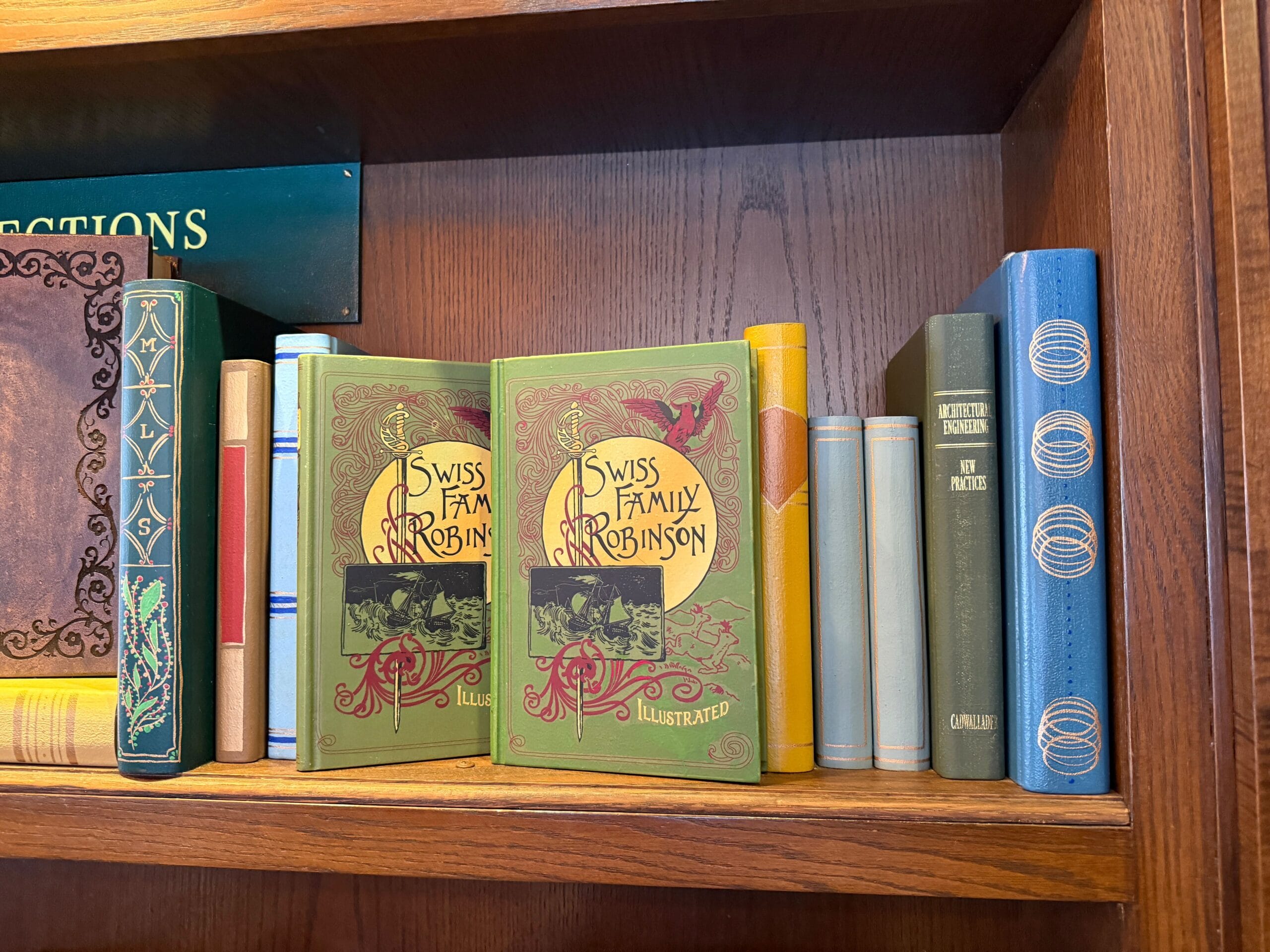 A bookshelf with vintage books, including two green-covered "The Swiss Family Robinson" editions, reminiscent of Adventureland at Disney parks.