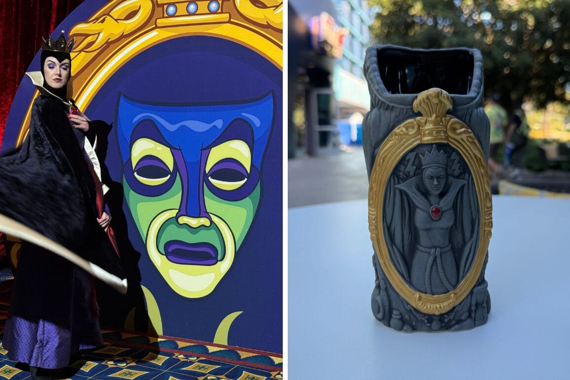 A villain in black and purple stands by a magic mirror; outside, an Evil Queen Mug mirrors the scene at Disneyland Hotel.