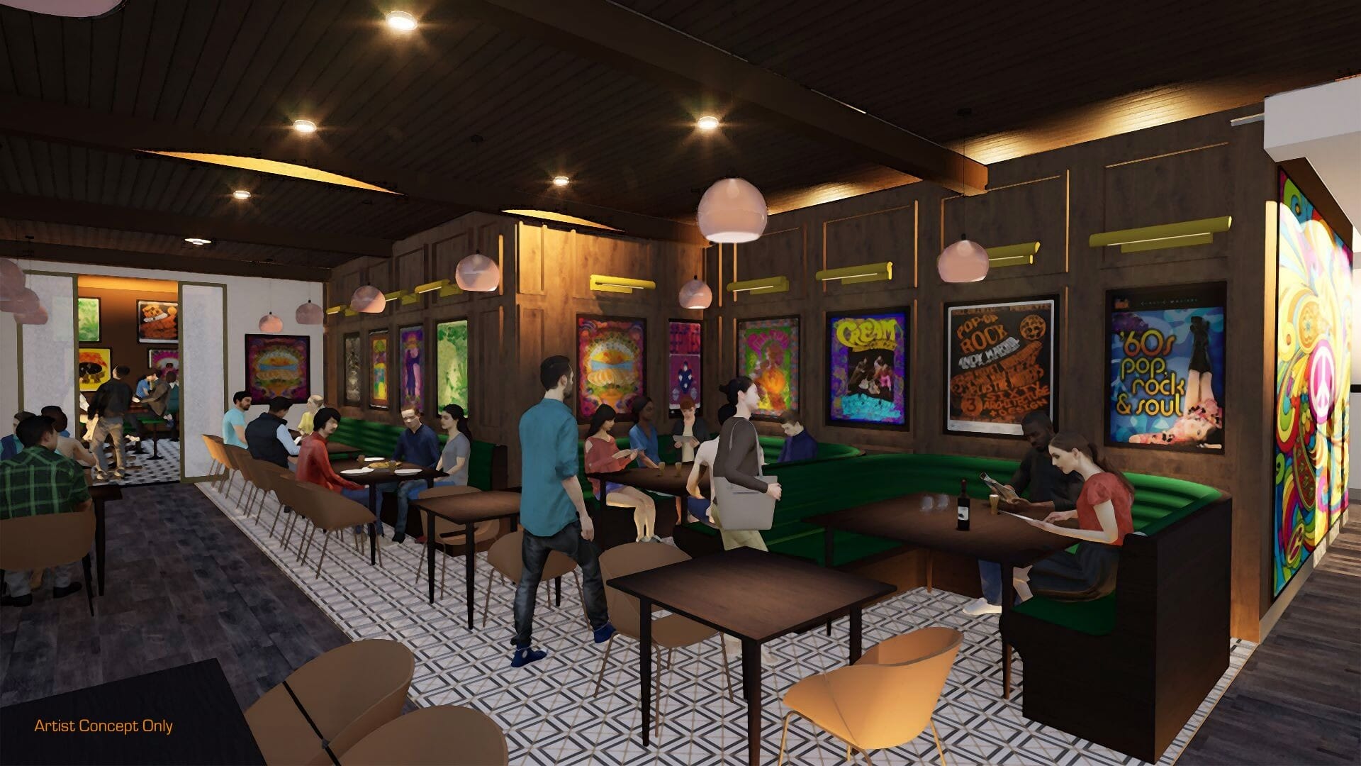 Rendering of a lively Disney Park cafe with guests at tables, Disney posters on the walls, and cozy, themed overhead lighting.