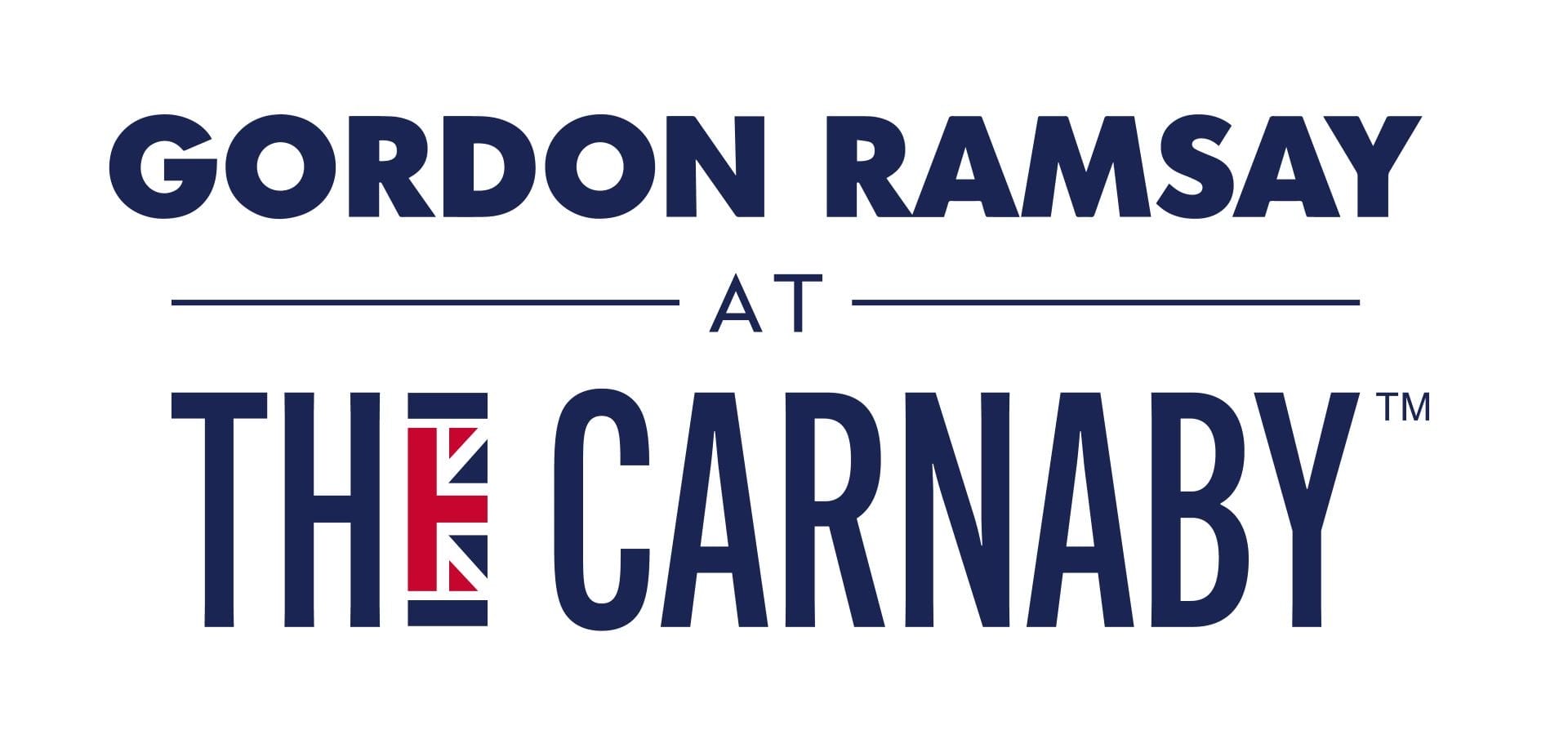 Logo text: "Gordon Ramsay at The Carnaby" with a British flag inside the "E", styled with crisp lines reminiscent of Epcot signage.