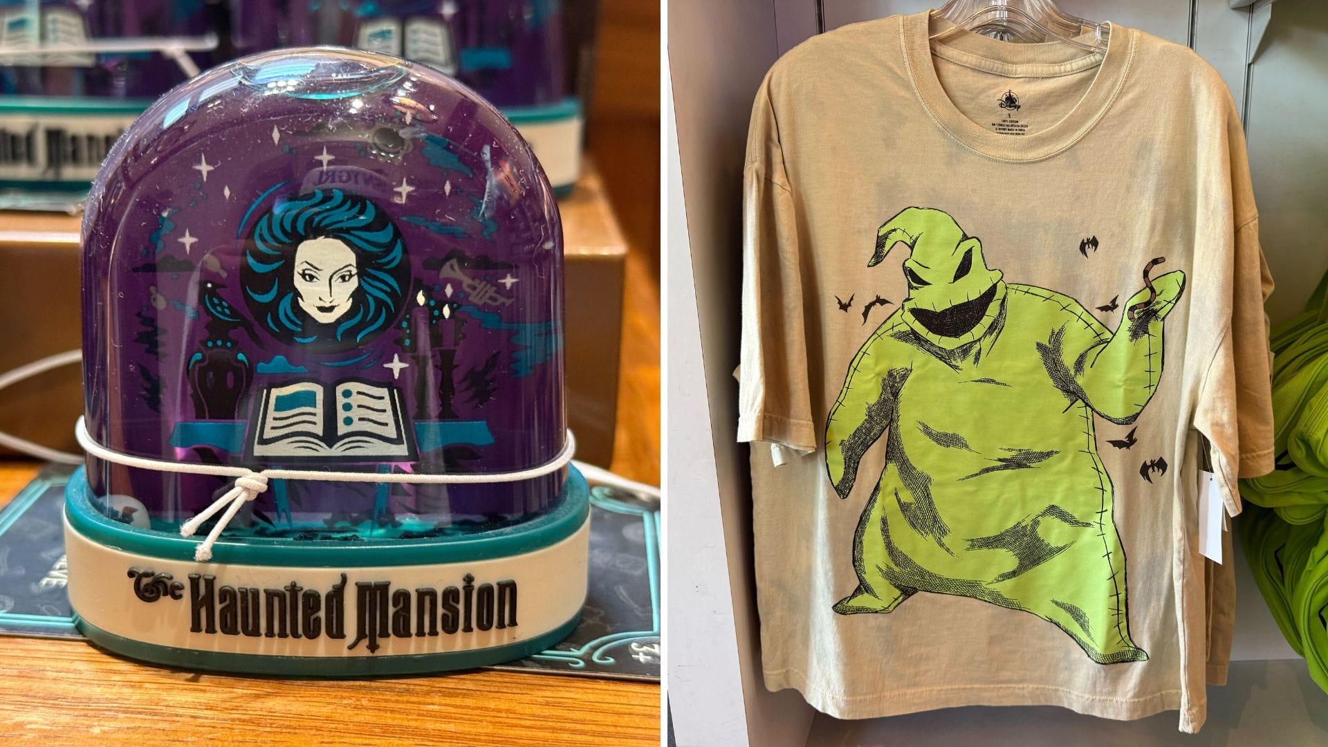 A Haunted Mansion snow globe and an Oogie Boogie t-shirt are displayed together, both classic Disneyland park merchandise.