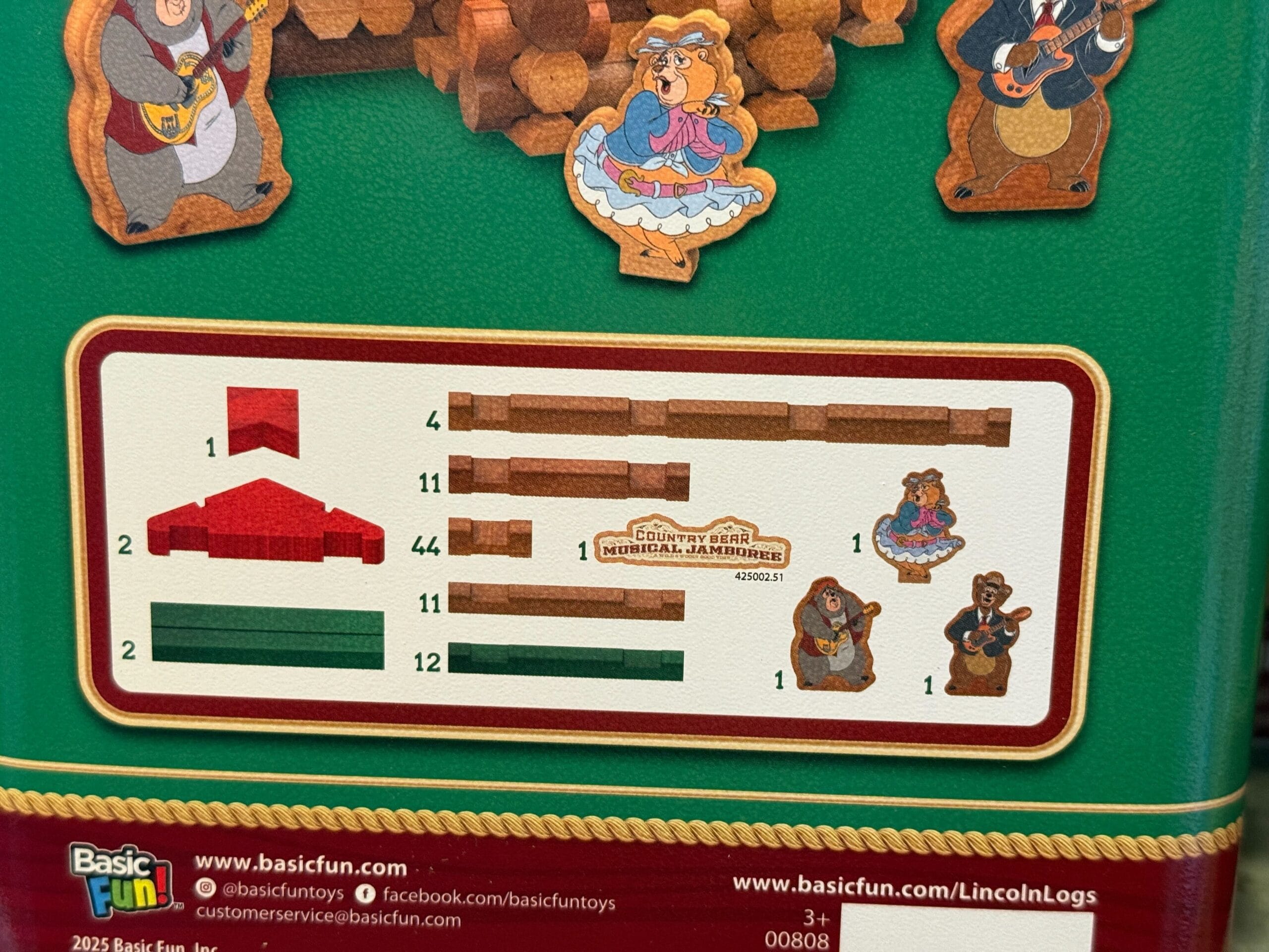 Instruction diagram for assembling a Frontierland Lincoln Log Sets Country Bears Jamboree with illustrated bear characters.