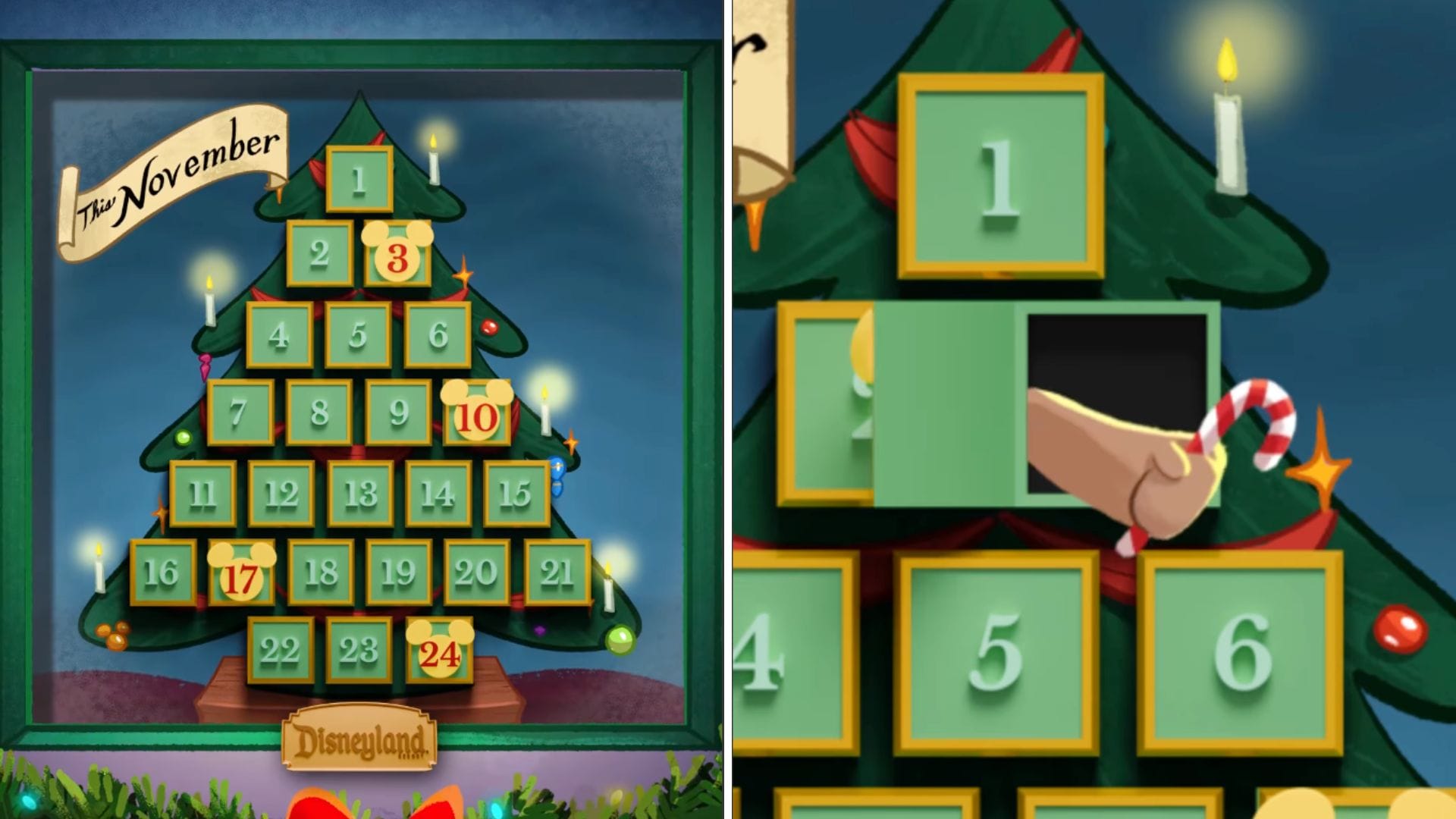 Digital advent calendar in a Christmas tree shape, featuring Disney Park-themed surprises like a Magic Key or park trading cards.