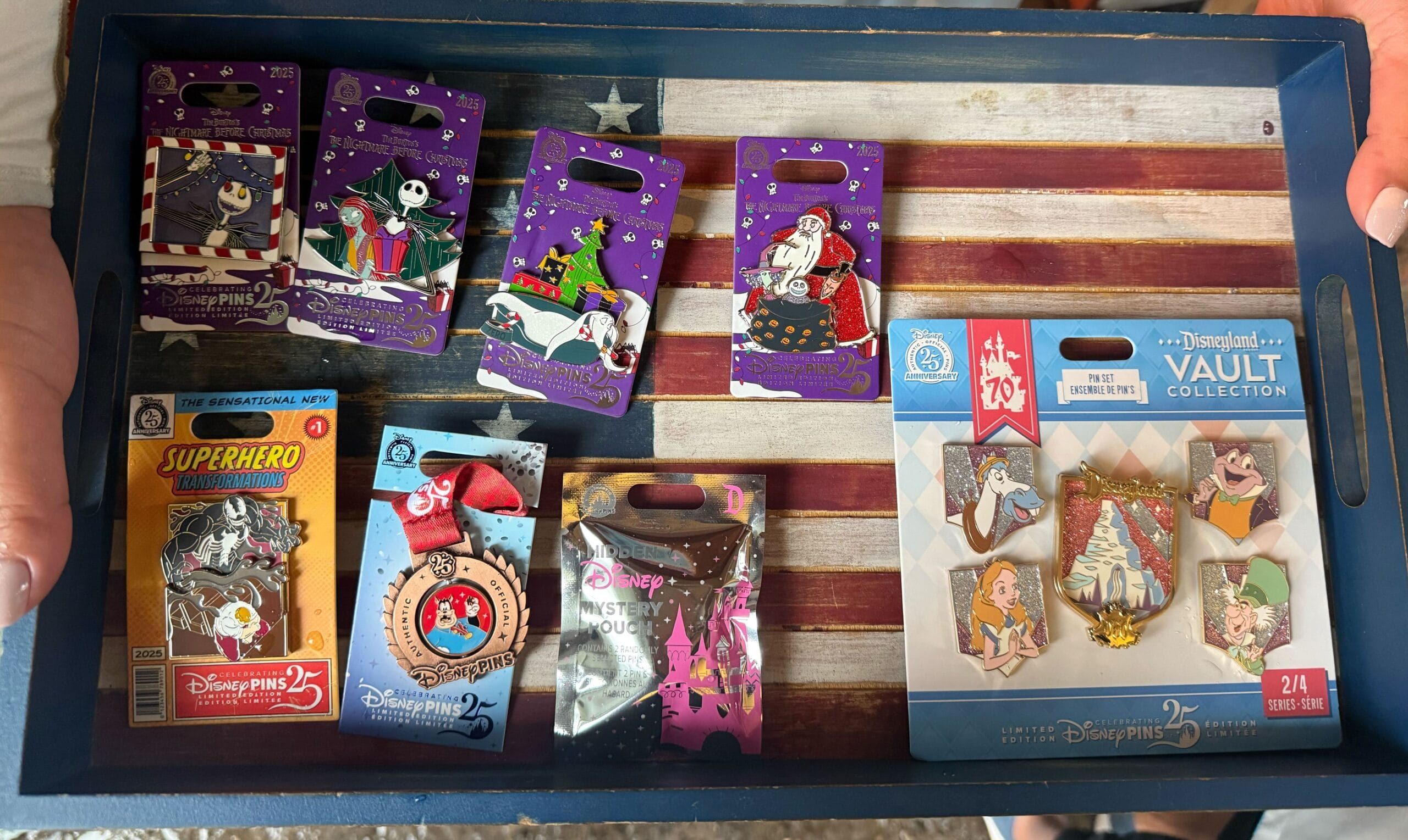 A tray shows Disney park collectible pins, like Nightmare Before Christmas and Vault Collection styles from various locations.