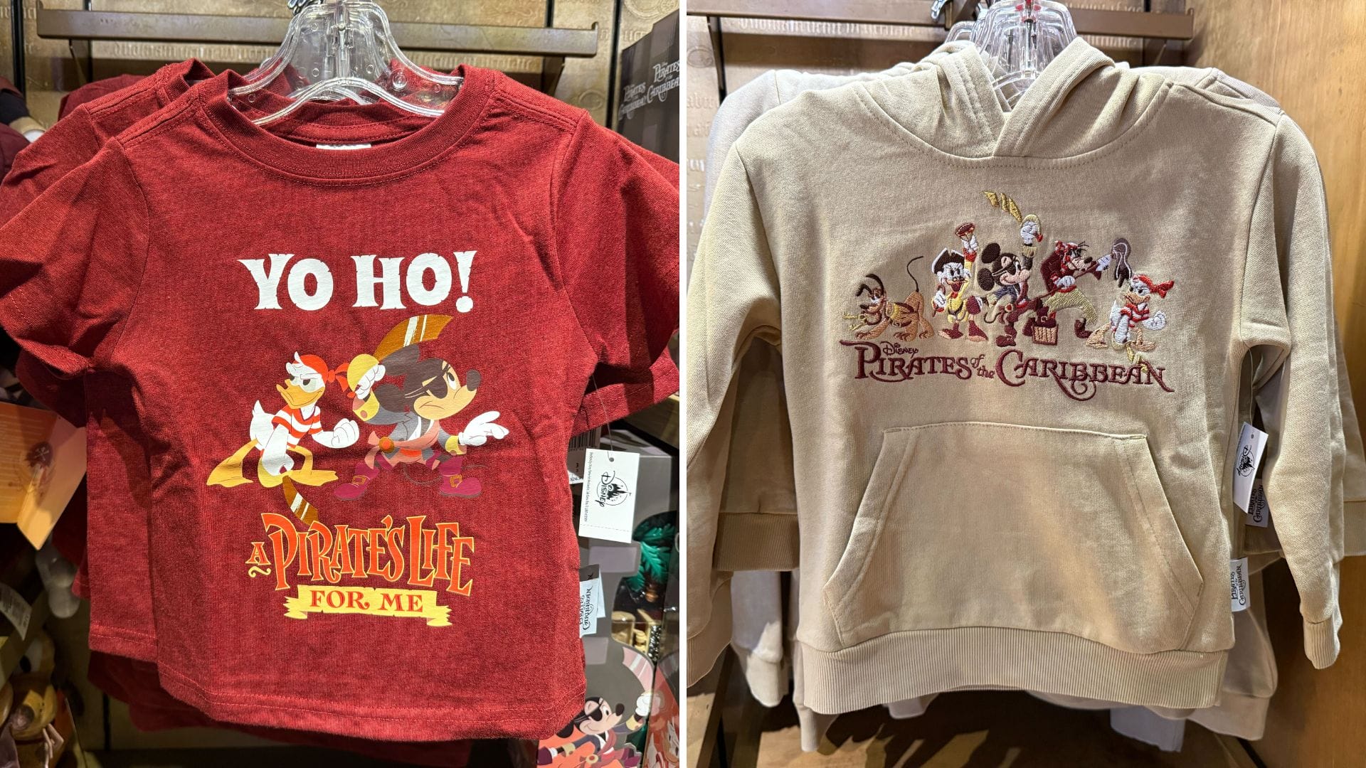 Red Disneyland T-shirt and tan hoodie with Mickey Pirates of the Caribbean graphics, inspired by Disneyland park merchandise.