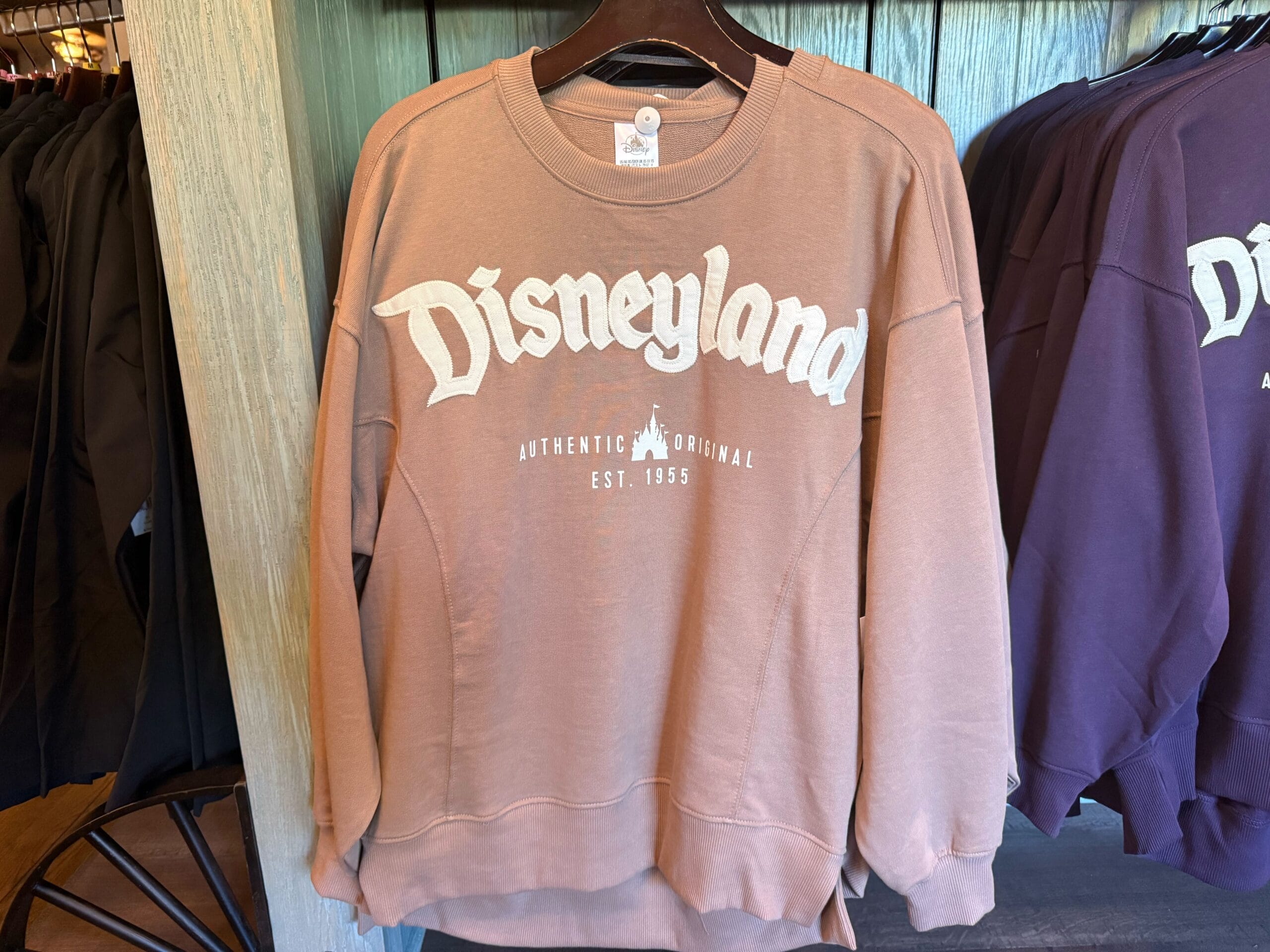 Light brown logo sweatshirt with "Disneyland Authentic Original Est. 1955" in white, hanging on a rack.