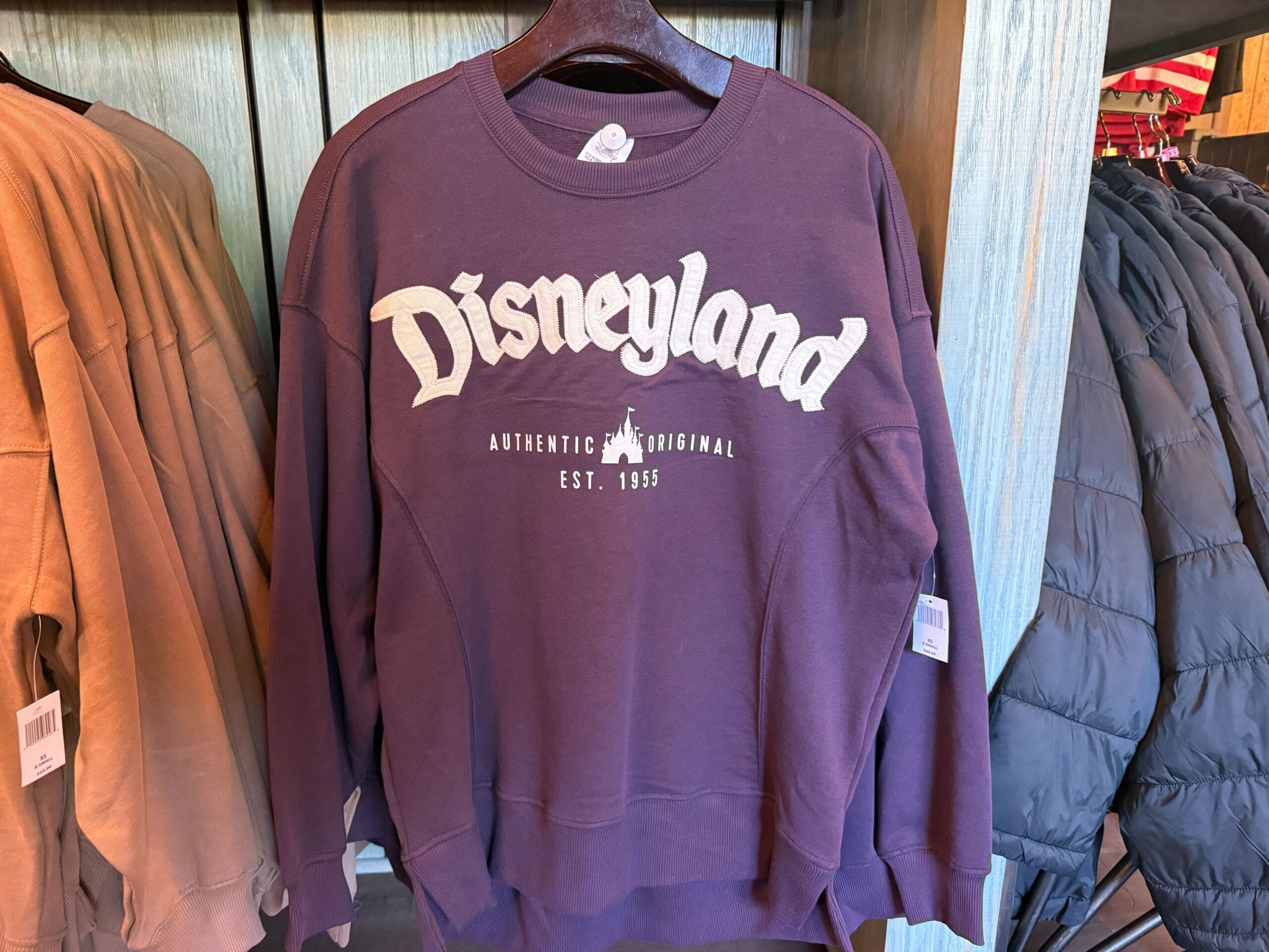 A purple Disneyland logo sweatshirt with white text hangs on a rack in a clothing store.