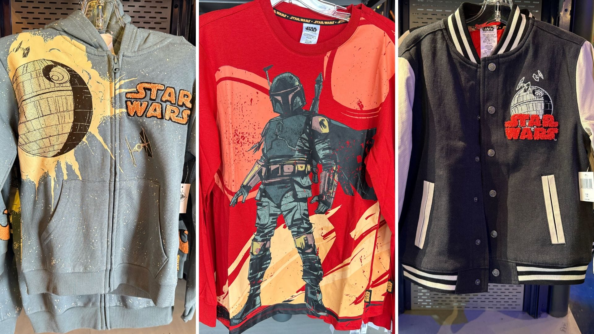 Three Star Wars apparel items—gray Death Star hoodie, red Boba Fett tee, and black varsity jacket—Disney Parks exclusives.