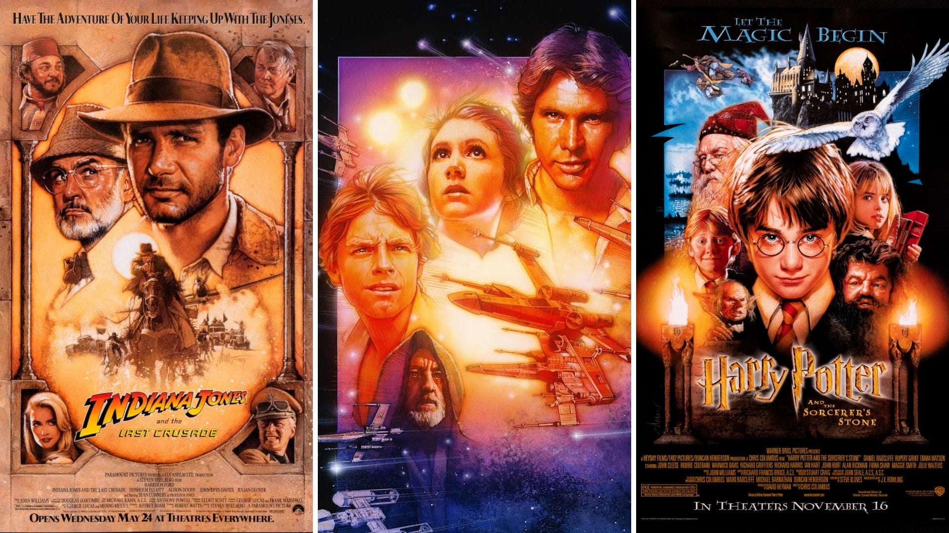 Three iconic movie posters—Indiana Jones, Star Wars, and Harry Potter—illustrated by Drew Struzan.