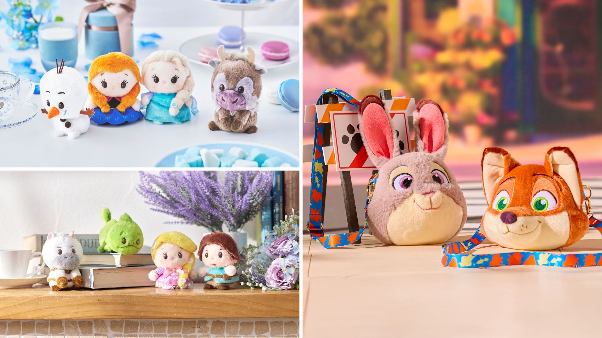 Frozen and Zootopia plush toys and zip pouches from Disney Store Japan displayed on tables, reminiscent of park merchandise.