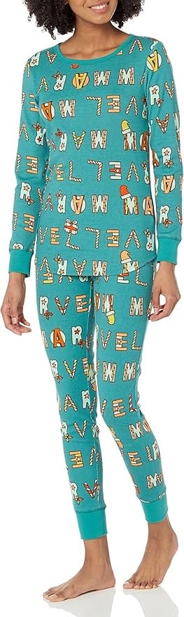 Person wearing teal pajamas with colorful Marvel-themed letters spelling out M A R V E L.