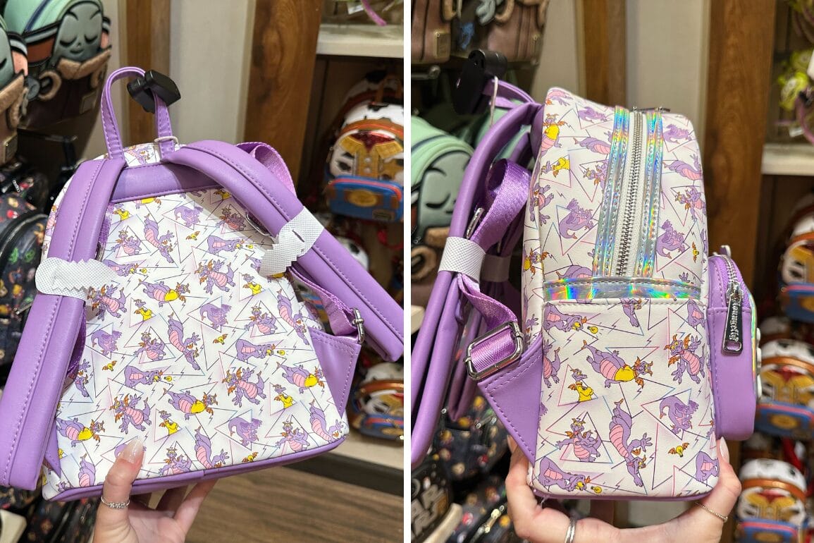 Lavender Figment Loungefly mini backpack with geometric pattern, displayed from back and side at Disney Springs, Walt Disney World.