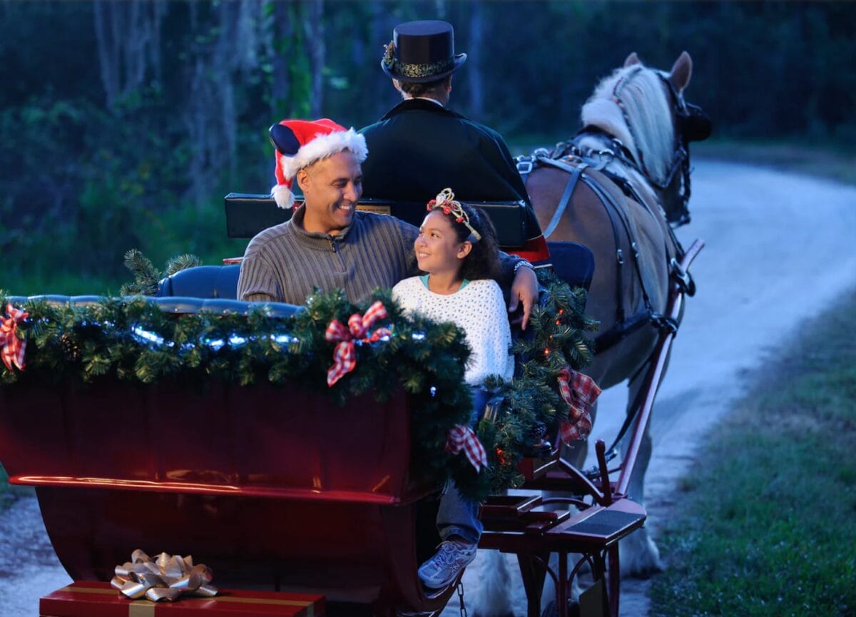 A man in a Santa Mickey hat and child in a princess tiara enjoy a holiday carriage ride at dusk.