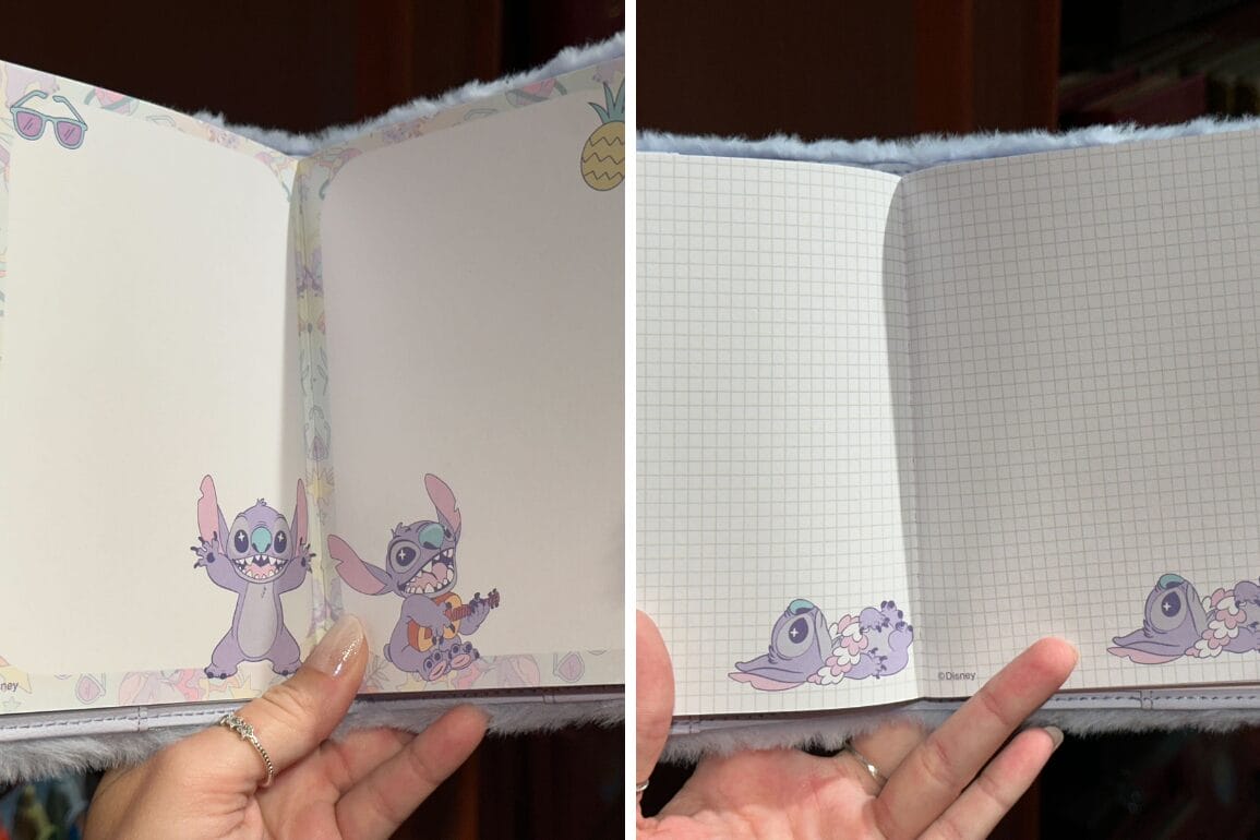 دو دفترچه باز با طرح‌های استیچ، انجل و اسکرامپ—سوغاتی‌های ایده‌آل پارک دیزنی، یادآور کالاهای موجود در تمام پارک‌های سراسر جهان.