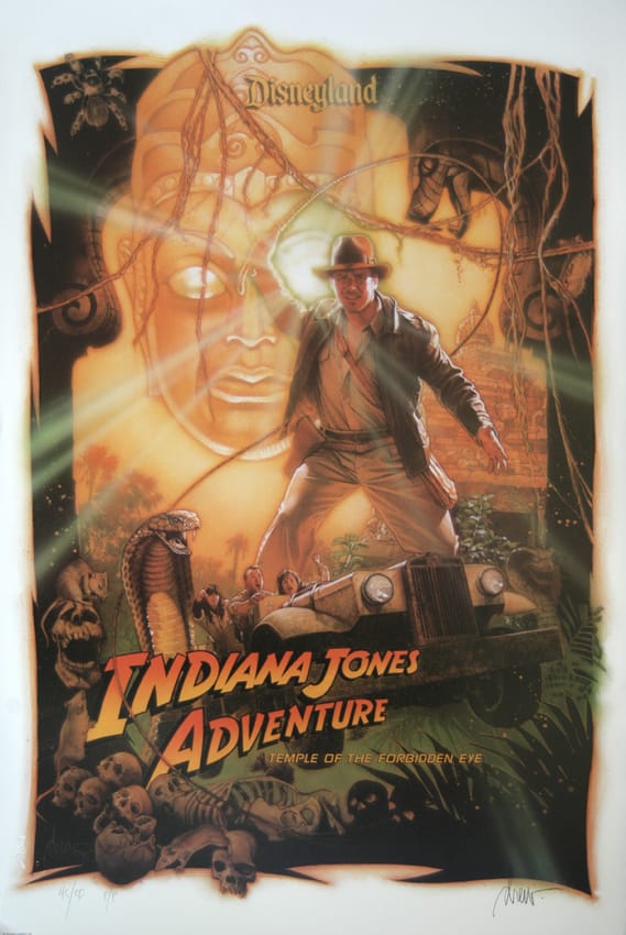 Indiana Jones by a jeep with a golden idol, snakes, and skulls in a glowing jungle, evoking an adventure at Disney parks.