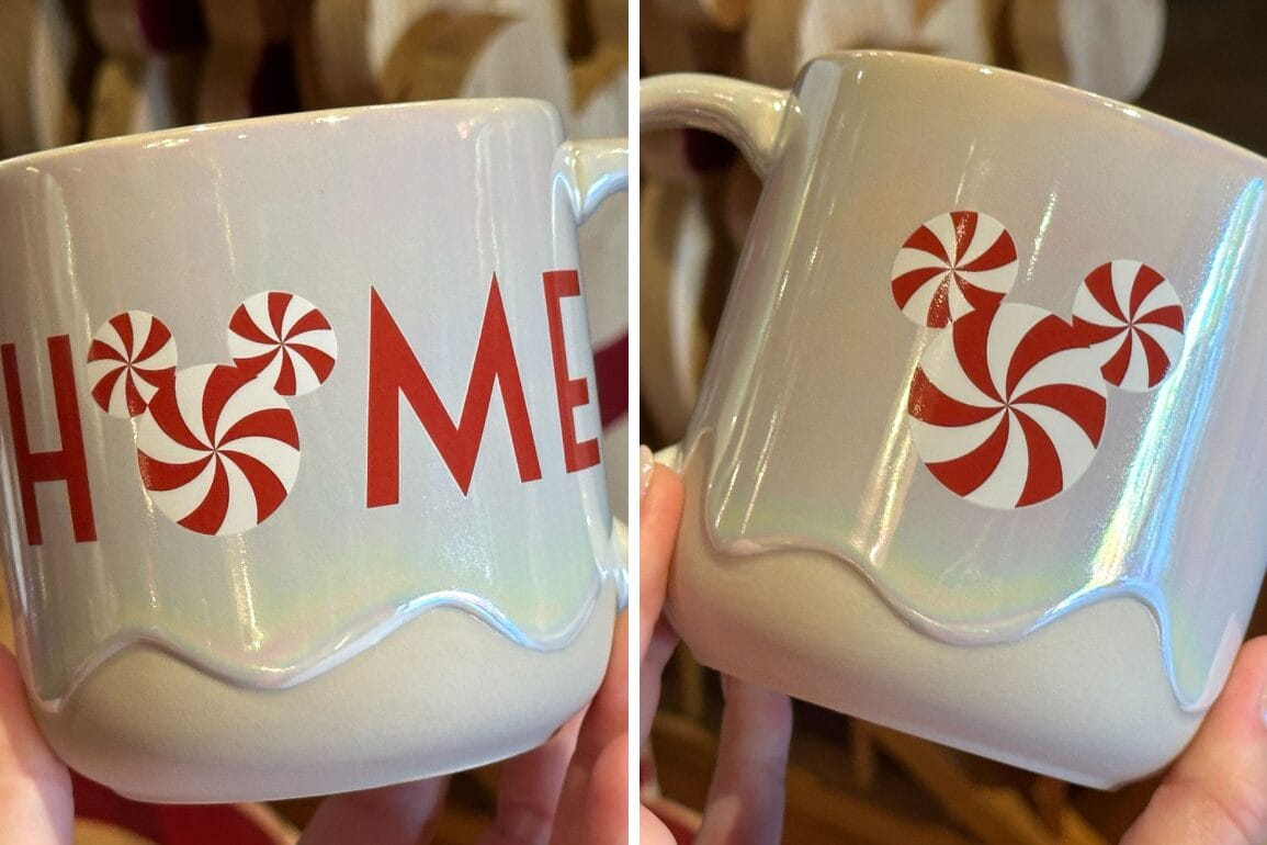 ماگ سفید با نوشته قرمز «HOME» و طرح میکی آب‌نبات نعنایی، یکی از محبوب‌ترین‌های تعطیلات در دیزنی ورلد، از دو زاویه به تصویر کشیده شده است. قلعه‌ای در تصویر نیست.