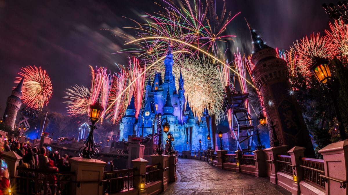 Brilliant fireworks soar over a castle resembling Cinderella Castle at Magic Kingdom as Disney-clad visitors fill the vibrant park.