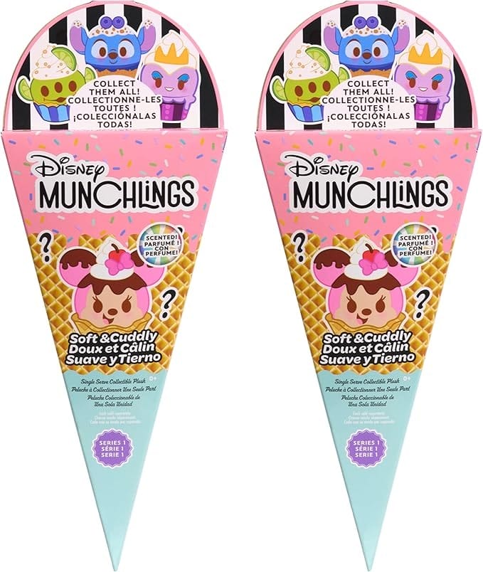 Two Disney Munchlings plush toys in ice cream cone packaging—perfect for Amazon Prime Big Deal Day shopping.