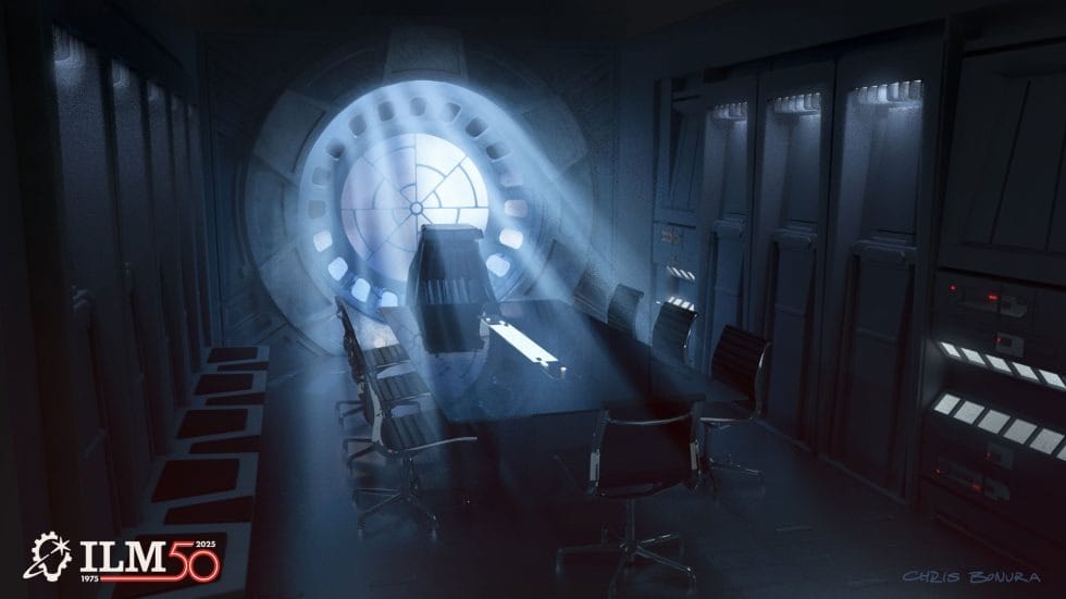 A futuristic, dimly lit conference room with Star Wars vibes, like a Disney park lounge, circular window, sleek black chairs.
