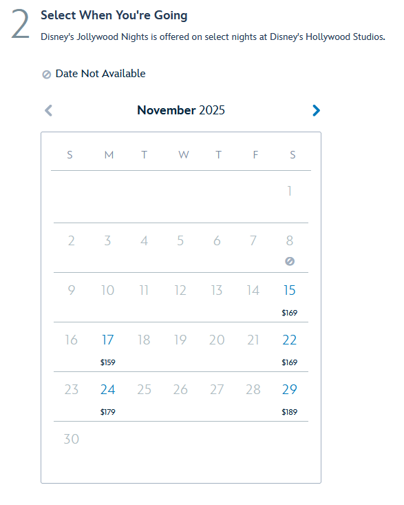 November 2025 calendar highlights available and Sold Out dates with prices for Disney’s Jollywood Nights at Hollywood Studios.
