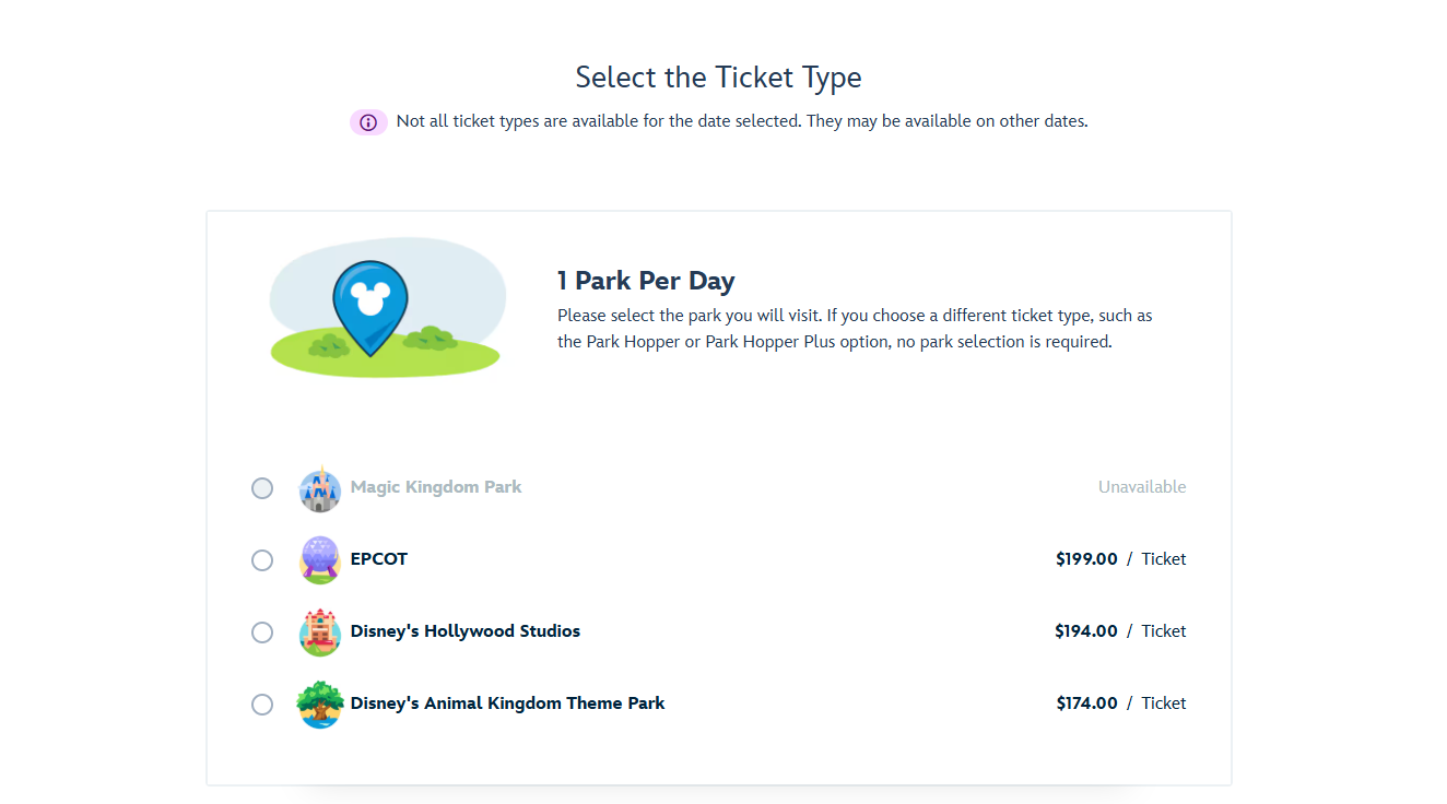 Disney ticket screen: Only EPCOT ($199) available for New Year’s Eve; Magic Kingdom sold out. No castle view selection shown.