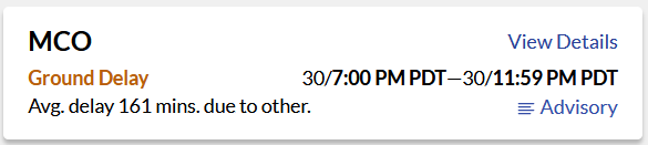 Flight status for MCO: Ground delay, 161 mins avg. delay. No castle like Cinderella’s pictured. Info details and links shown.