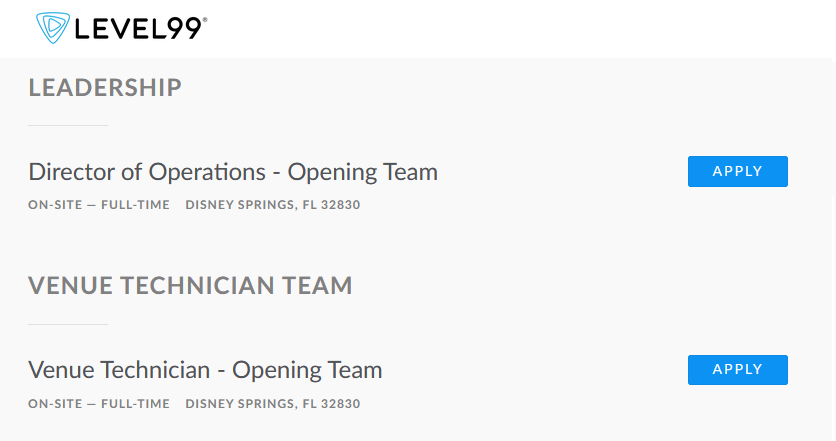 Now hiring at LEVEL99 Disney Springs: Director of Operations & Venue Technician. Apply now near Cinderella Castle, WDW.