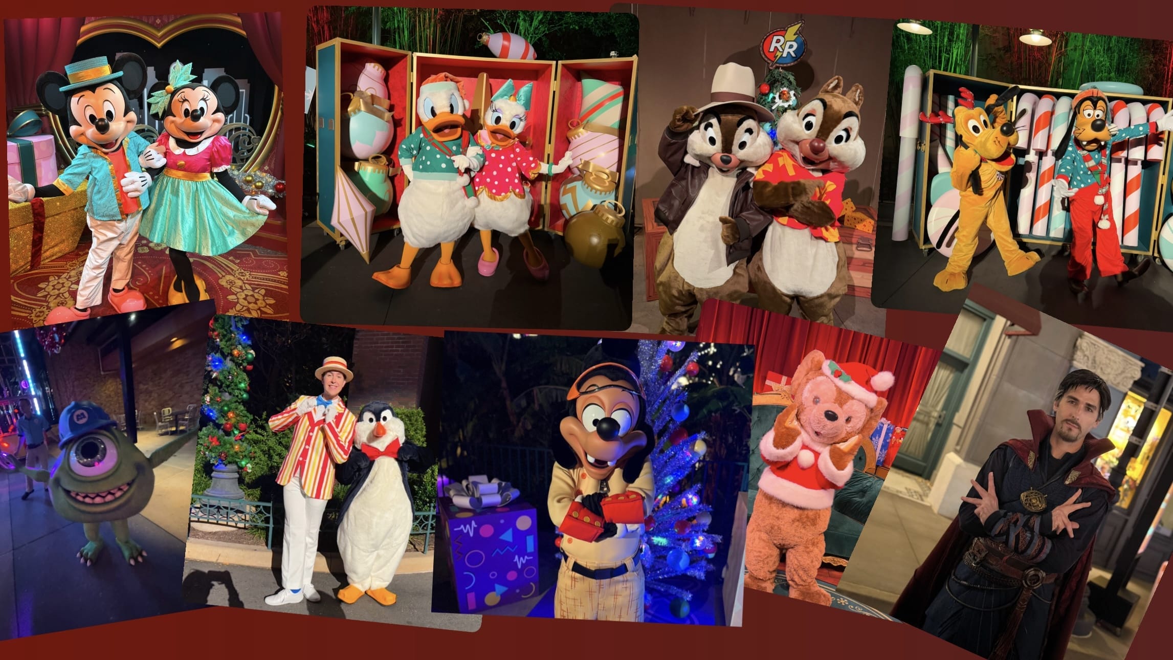 Disney characters in festive costumes at Jollywood Nights, surrounded by new treats and vibrant holiday decor from Disney parks worldwide.