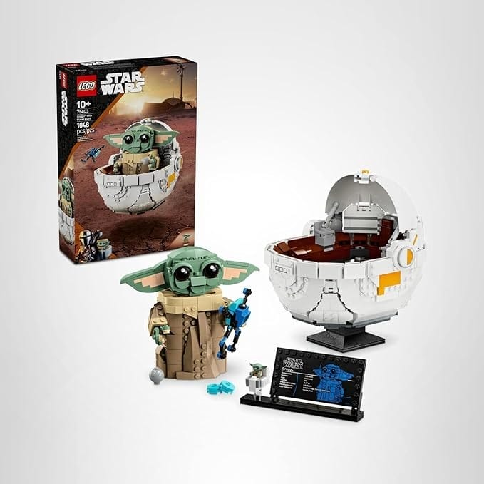 LEGO Star Wars Grogu set with figure, pram build, info plaque—perfect for Amazon Prime Big Deal Days shoppers.