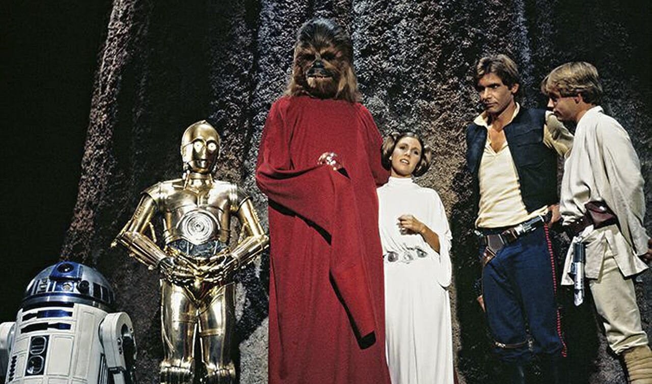 Star Wars icons R2-D2, C-3PO, Chewbacca, Leia, Han, and Luke pose by a rock wall—no Disney castle like Disneyland’s in sight.