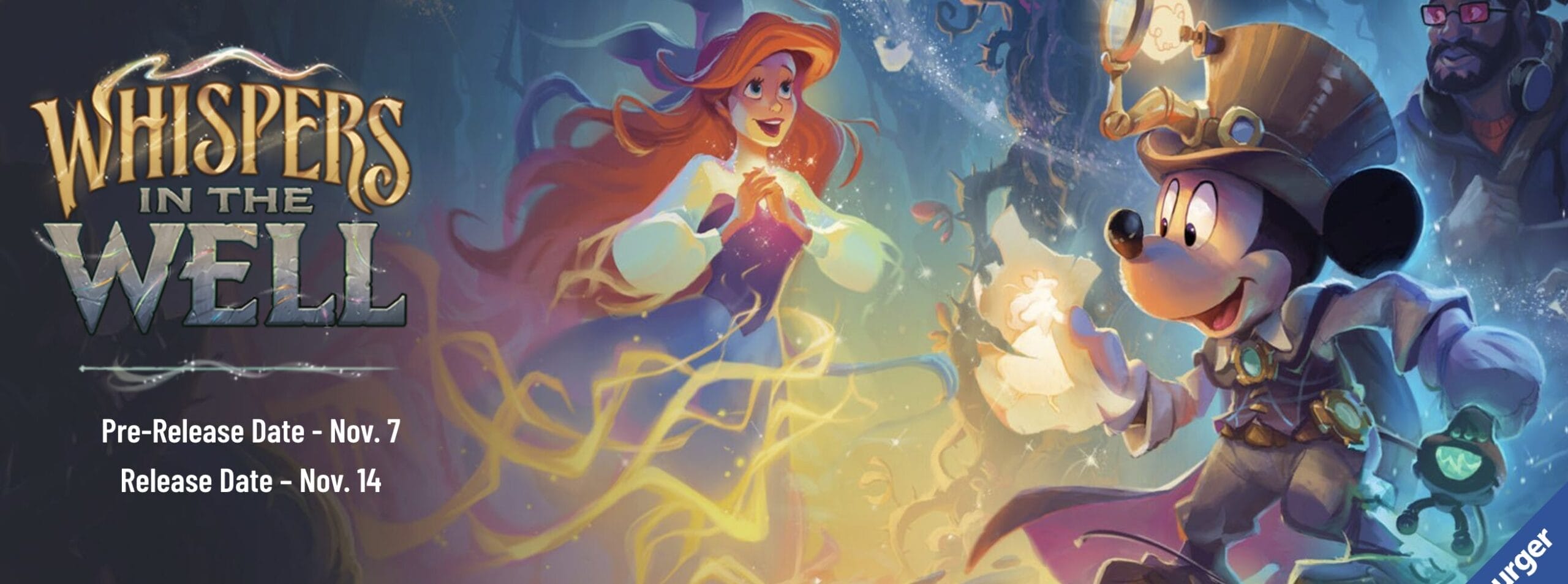 Mickey Mouse and Ariel in fantasy costumes with "Whispers in the Well" title, release dates, & daily recap; no castle shown.