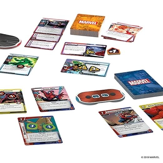 Marvel-themed card game setup featuring character cards, decks, tokens—perfect for Disney fans on Amazon Prime Big Deal Day.