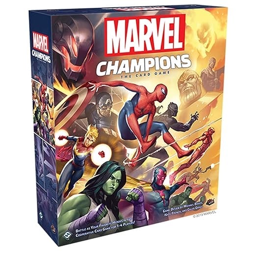 Box cover of Marvel Champions card game with Spider-Man, Captain Marvel, She-Hulk, and more—perfect for Disney fans.