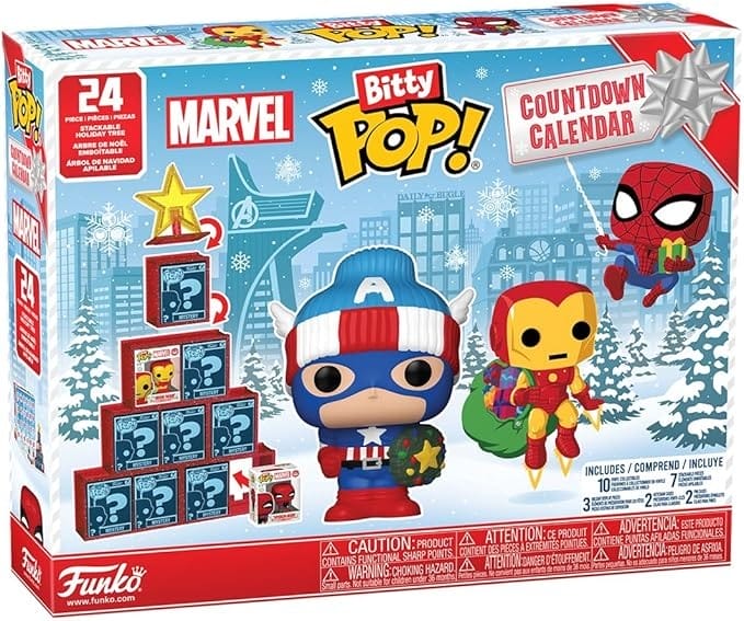 Marvel Bitty Pop! Countdown Calendar box with heroes and a festive display—perfect for Amazon Prime Big Deal Days.