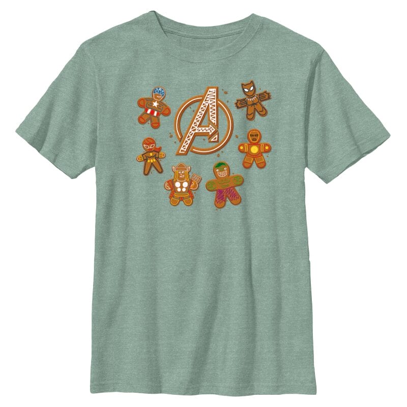 Green t-shirt with gingerbread Avengers cookies circling the "A" logo, similar to festive treats found in Disney Parks shops.