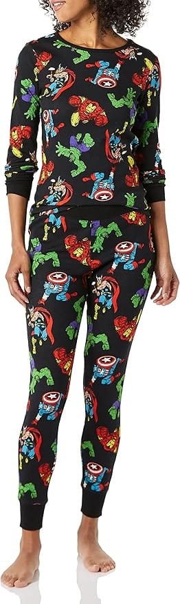 Person in black Disney pajamas with colorful Marvel superhero prints: Iron Man, Hulk, Captain America, and Thor.