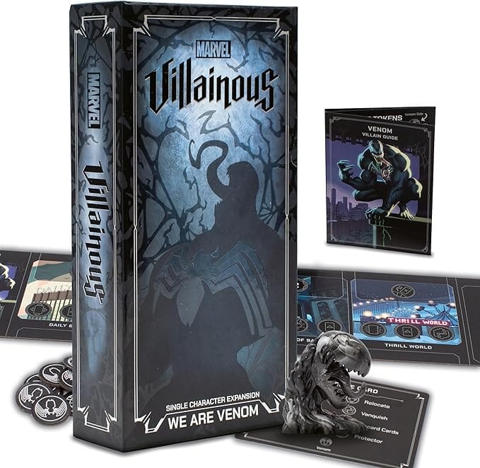 Marvel Villainous: We Are Venom expansion set, featuring figure, cards, and tokens—perfect for Disney fans on Amazon Prime.