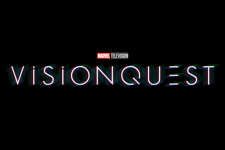 The Marvel Television logo above "VISIONQUEST" in large, glitchy, white letters on a black background—no castle like Disney parks.