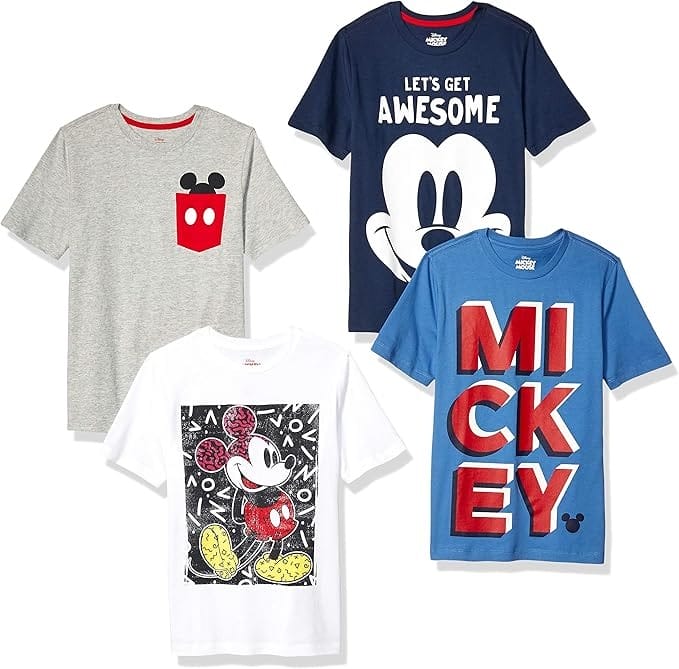 Four boys' Disney T-shirts featuring Mickey Mouse designs in gray, navy, white, and blue.