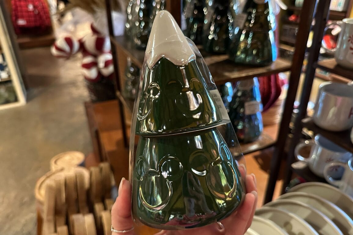 دستی که یک ظرف سبز و درخت‌مانند دیزنی ورلد با صورت‌های میکی و نوک برفی را در میان کالاهای جشن پارک نگه داشته است.