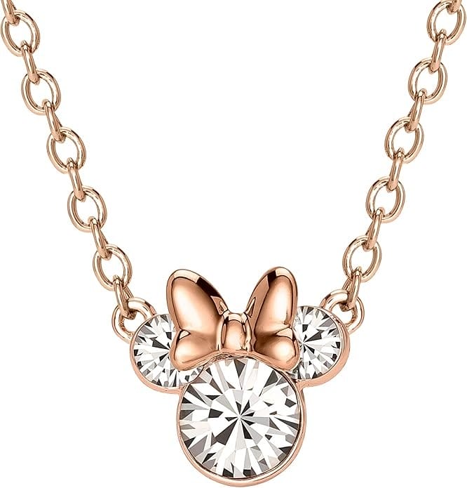 Disney rose gold chain necklace with Minnie Mouse head, clear crystals, and bow. Shop now on Amazon Prime Big Deal Day!