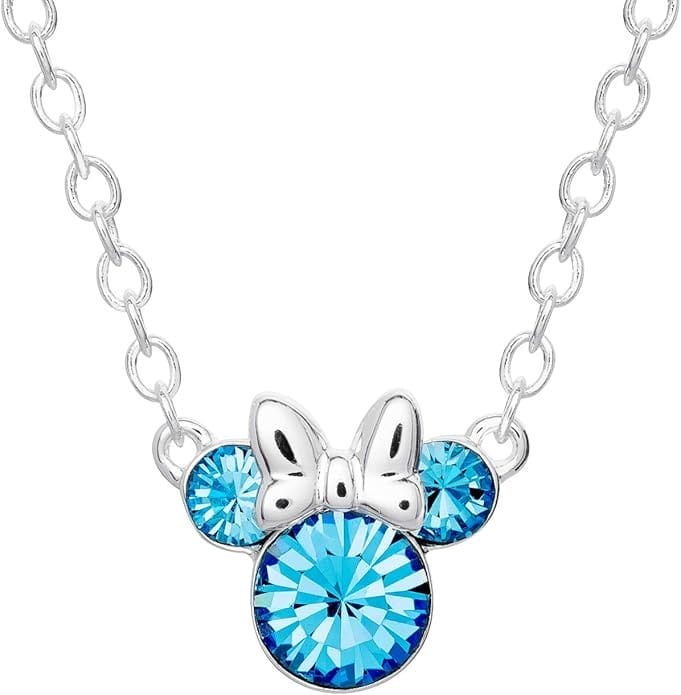 Disney silver necklace with a Minnie Mouse pendant, featuring blue gemstones and a silver bow. Perfect for Amazon Prime Big Deal Day!