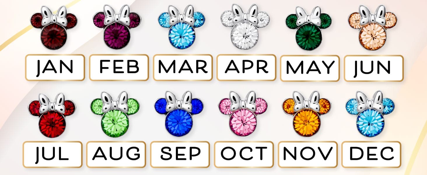 Twelve Disney Mickey Mouse birthstone pins, each for a month from January to December. Perfect for Big Deal Day on Amazon Prime!